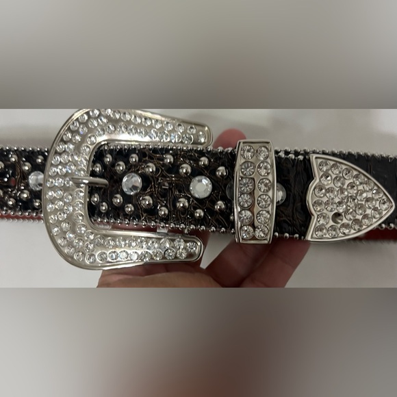 Genuine Leather Bling Western Belt S/M Rhinestone Buckle Bull Horseshoe Conchos - Picture 4 of 7